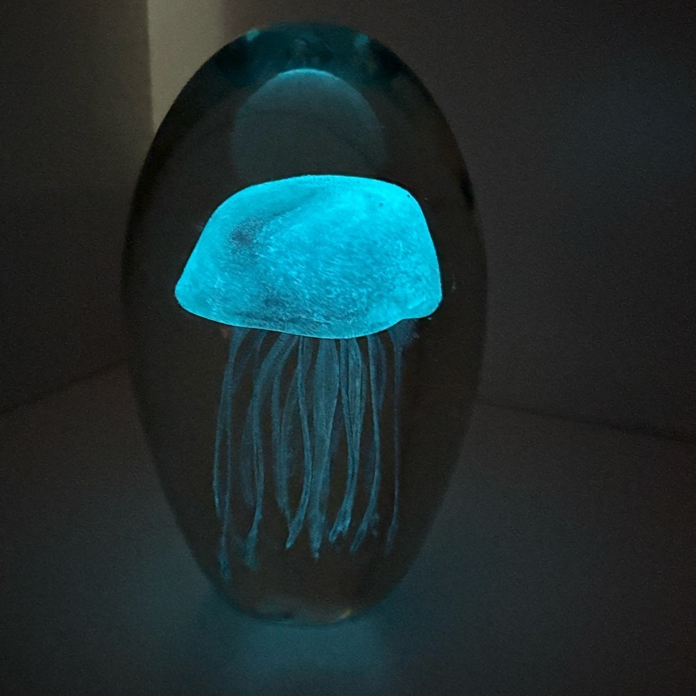 Beautiful glow-in-the-dark pink jellyfish art glass paperweight